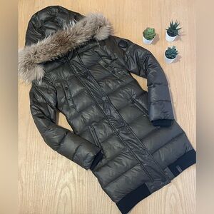 Rudsak Diana Long Racoon Fur Trimmed Down Winter Coat in Khaki / Olive Green